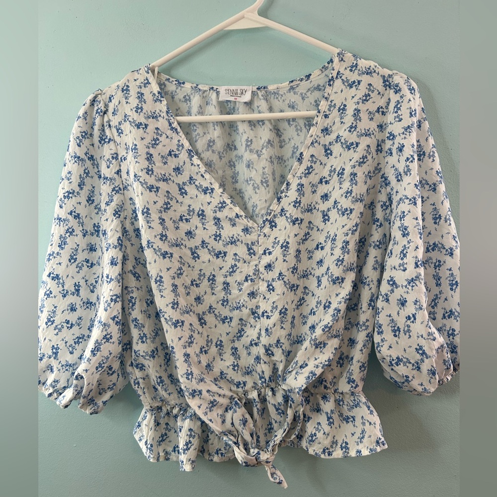 Sienna Sky White Blouse with Blue Floral Design